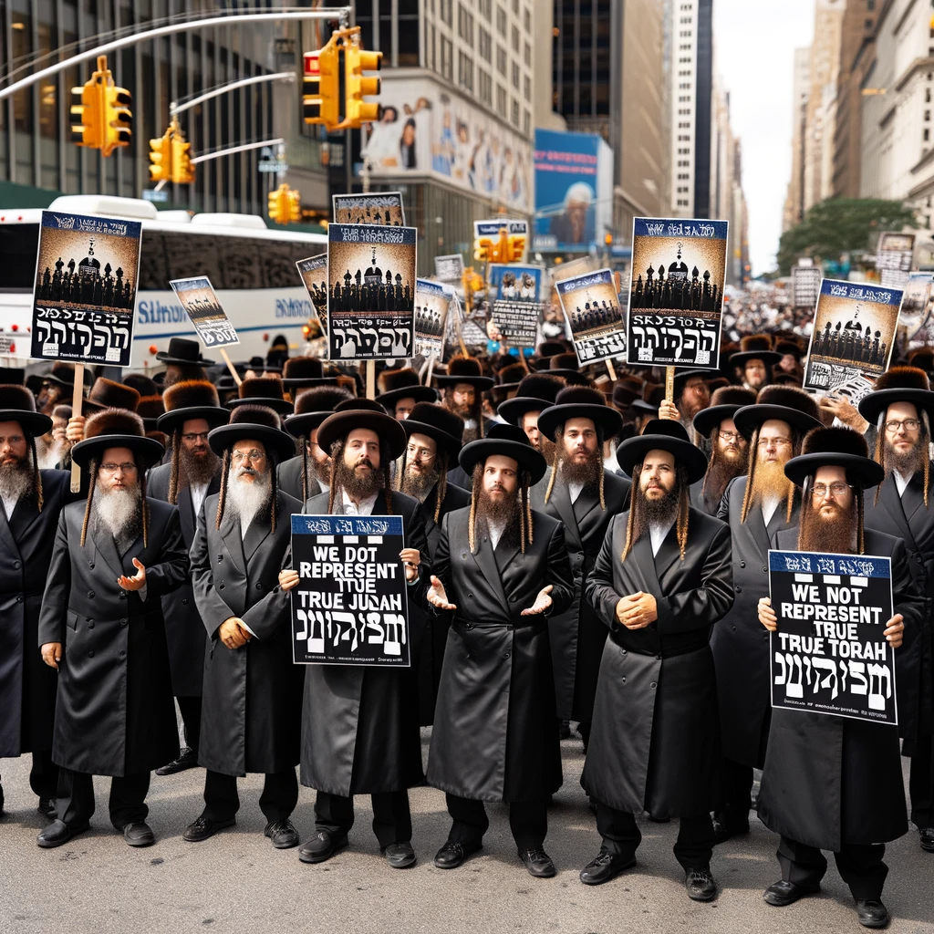 DALL·E 2023-10-31 23.42.29 - Photo_ A Neturei Karta demonstration taking place on a city street. Members of the Neturei Karta, dressed in traditional black garb with hats and side